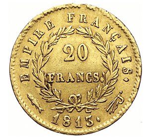 reverse: FRANCIA - NAPOLEONE I, Imperatore  (1804-1814)  20 Franchi 1813, Utrecht   Varesi 318   Fr. 521   Au   6,44 g   21,1 mm   BB  