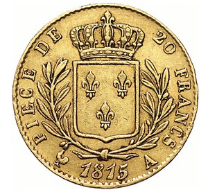 reverse: FRANCIA - LUIGI XVIII  (1814-1824)  20 Franchi 1815 A, Parigi   Varesi 333   Fr. 525   Au   6,45 g   21,1 mm   BB  