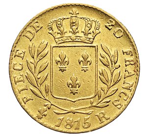 reverse: FRANCIA - LUIGI XVIII  (1814-1824)  20 Franchi 1815 R, Londra   Varesi 339   Fr. 531   Au   6,35 g   21 mm   • Moneta coniata durante l esilio. Spazzolata   BB  