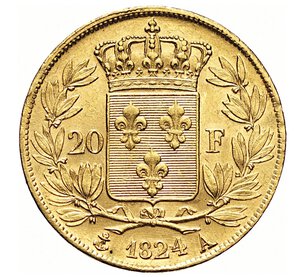 reverse: FRANCIA - LUIGI XVIII  (1814-1824)  20 Franchi 1824 A, Parigi   Varesi 370   Fr. 525   Au   6,45 g   21,2 mm   SPL/SPL+  