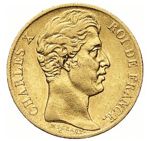 obverse: FRANCIA - CARLO X  (1824-1830)  20 Franchi 1827 W, Lille   Varesi 382   Fr. 520   Au   6,45 g   21,2 mm   RR   • Solo 3.431 esemplari coniati   BB  