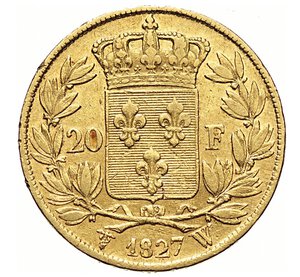 reverse: FRANCIA - CARLO X  (1824-1830)  20 Franchi 1827 W, Lille   Varesi 382   Fr. 520   Au   6,45 g   21,2 mm   RR   • Solo 3.431 esemplari coniati   BB  