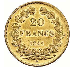 reverse: FRANCIA - LUIGI FILIPPO I  (1830-1848)  20 Franchi 1841 A, Parigi   Varesi 428   Fr. 560   Au   6,45 g   21,2 mm   • Di grande conservazione, fondi quasi speculari   SPL÷FDC  