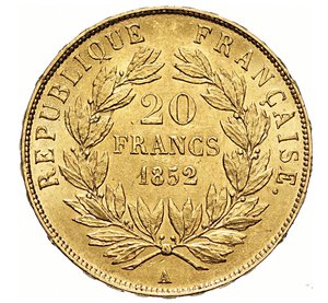 reverse: FRANCIA - LUIGI NAPOLEONE, Presidente  (1848-1852)  20 Franchi 1852 A, Parigi   Varesi 449   Fr. 568   Au   6,44 g   21,3 mm   SPL÷FDC  