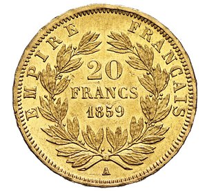 reverse: FRANCIA - NAPOLEONE III  (1852-1870)  20 Franchi 1859 A, Parigi   Varesi 465   Fr. 531   Au   6,45 g   21,3 mm   SPL÷FDC  