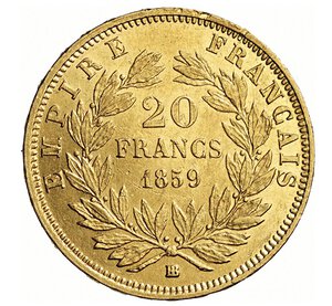 reverse: FRANCIA - NAPOLEONE III  (1852-1870)  20 Franchi 1859 BB, Strasburgo   Varesi 466   Fr. 531   Au   6,45 g   21,2 mm   SPL÷FDC  