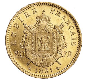 reverse: FRANCIA - NAPOLEONE III  (1852-1870)  20 Franchi 1861 A, Parigi   Varesi 469   Fr. 584   Au   6,45 g   21,4 mm   q.FDC  