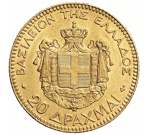 reverse: GRECIA - GIORGIO I  (1863-1913)  20 Dracme 1876 A, Parigi   Varesi 540   Fr. 15   Au   6,42 g   21,2 mm   SPL  