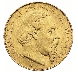 obverse: MONACO - CARLO III  (1856-1889)  20 Franchi 1879 A, Parigi   Varesi 578   Fr. 12   Au   6,45 g   21,2 mm   BB÷SPL  