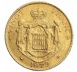 reverse: MONACO - CARLO III  (1856-1889)  20 Franchi 1879 A, Parigi   Varesi 578   Fr. 12   Au   6,45 g   21,2 mm   BB÷SPL  