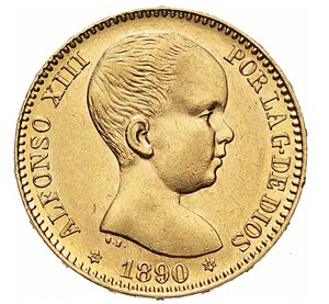 obverse: SPAGNA - ALFONSO XIII  (1886-1931)  20 Pesetas 1890 (18-90) M, Madrid   Varesi 628   Fr. 345   Au   6,44 g   21,2 mm   SPL+  