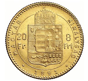 reverse: UNGHERIA - FRANCESCO GIUSEPPE I  (1848-1916)  20 Franchi o 8 Fiorini 1891 