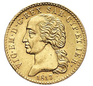 obverse: VITTORIO EMANUELE I  (1802-1821)  20 Lire 1817, Torino   Varesi 4   Pagani 5   Au   6,43 g   21,1 mm   • Minimo colpetto al bordo   SPL/q.SPL  