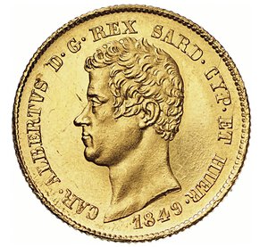 obverse: CARLO ALBERTO  (1831-1849)  20 Lire 1849, Genova   Varesi 69   Pagani 208   Au   6,45 g   21,3 mm   SPL÷FDC  