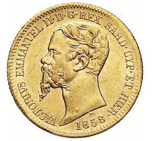 obverse: VITTORIO EMANUELE II, Re di Sardegna  (1849-1861)  20 Lire 1858, Genova   Varesi 88   Pagani 352   Au   6,43 g   21,3 mm   q.SPL  