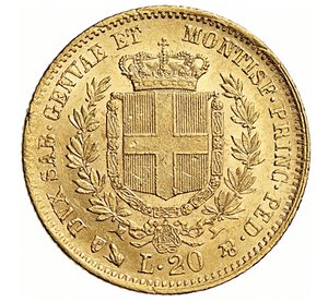 reverse: VITTORIO EMANUELE II, Re di Sardegna  (1849-1861)  20 Lire 1858, Genova   Varesi 88   Pagani 352   Au   6,43 g   21,3 mm   q.SPL  