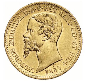 obverse: VITTORIO EMANUELE II, Re di Sardegna  (1849-1861)  20 Lire 1859, Torino   Varesi 91   Pagani 355   Au   6,45 g   21,3 mm   SPL  