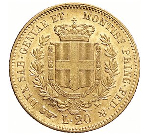 reverse: VITTORIO EMANUELE II, Re di Sardegna  (1849-1861)  20 Lire 1859, Torino   Varesi 91   Pagani 355   Au   6,45 g   21,3 mm   SPL  