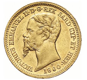 obverse: VITTORIO EMANUELE II, Re di Sardegna  (1849-1861)  20 Lire 1860 M, Milano   Varesi 93   Pagani 357   Au   6,46 g   21,6 mm   R   • Rovescio dai fondi speculari e lievi graffi di conio   SPL/q.FDC  