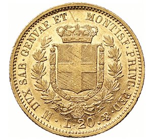 reverse: VITTORIO EMANUELE II, Re di Sardegna  (1849-1861)  20 Lire 1860 M, Milano   Varesi 93   Pagani 357   Au   6,46 g   21,6 mm   R   • Rovescio dai fondi speculari e lievi graffi di conio   SPL/q.FDC  