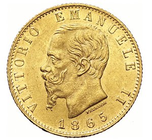 obverse: VITTORIO EMANUELE II, Re d Italia  (1861-1878)  20 Lire 1865 T, Torino   Varesi 102   Pagani 459   Au   6,43 g   21,1 mm   SPL/q.FDC  