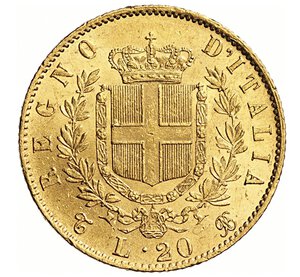 reverse: VITTORIO EMANUELE II, Re d Italia  (1861-1878)  20 Lire 1865 T, Torino   Varesi 102   Pagani 459   Au   6,43 g   21,1 mm   SPL/q.FDC  