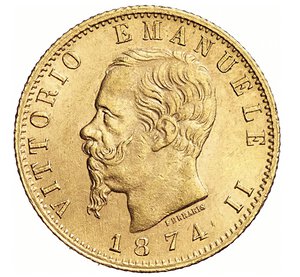 obverse: VITTORIO EMANUELE II, Re d Italia  (1861-1878)  20 Lire 1874 M, Milano   Varesi 114   Pagani 470   Au   6,42 g   21,3 mm   q.SPL  