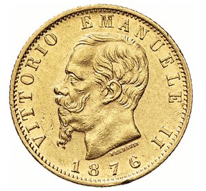 obverse: VITTORIO EMANUELE II, Re d Italia  (1861-1878)  20 Lire 1876 R, Roma   Varesi 116   Pagani 473   Au   6,42 g   21,3 mm   SPL/q.FDC  