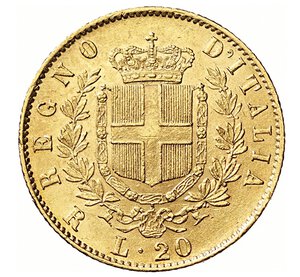 reverse: VITTORIO EMANUELE II, Re d Italia  (1861-1878)  20 Lire 1876 R, Roma   Varesi 116   Pagani 473   Au   6,42 g   21,3 mm   SPL/q.FDC  