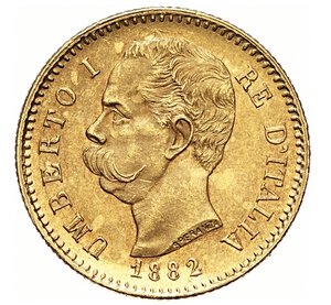 obverse: UMBERTO I  (1878-1900)  20 Lire 1882 R, Roma   Varesi 122   Pagani 578   Au   6,45 g   21,3 mm   SPL÷FDC  