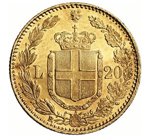 reverse: UMBERTO I  (1878-1900)  20 Lire 1882 R, Roma   Varesi 122   Pagani 578   Au   6,45 g   21,3 mm   SPL÷FDC  