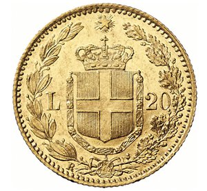 reverse: UMBERTO I  (1878-1900)  20 Lire 1897 R, Roma   Varesi 132   Pagani 588   Au   6,42 g   21,3 mm   R   q.SPL  