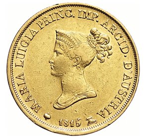 obverse: PARMA  MARIA LUIGIA  (1814-1847)  20 Lire 1815, Milano   Varesi 169   Pagani 3   Au   6,44 g   21,2 mm   RR   • Colpetto al bordo   BB  