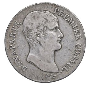 obverse:  NAPOLEONE I, Primo Console  (1802-1804)  5 Franchi An 12 (1803-1804)  U, Torino   Pagani 8   Mont. 13 (R5)   Gig. 1   Ag   24,78 g   37,6 mm   RRRR   Ex Negrini 34/1173; In quaranta anni di aste pubbliche della ditta Varesi, questo è in assoluto il miglior esemplare che abbiamo offerto, e certamente tra i migliori apparsi sul mercato nel nuovo millenio. Bordo imperfetto, con colpetti. come per altro si riscontrano nella quasi totalità di quanto emesso. A nostro giudizio paragonabile alla scala Scheldon VF 25. In tempi recenti sono apparsi sul mercato più esemplari che ci hanno indotto a ridurne la rarità e la nostra stima.   q.BB  