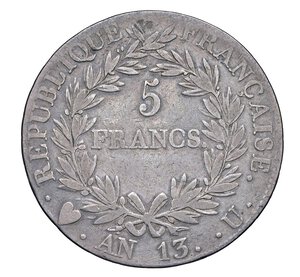 reverse:  NAPOLEONE I  (1804-1814)  5 Franchi An 13 (1804-1805)  U, Torino   Pagani 25   Mont. 30   Gig. 23   Ag   24,66 g   37,4 mm   RR   • Asta Raffaele Negrini 29-30 Novembre 1995, Mantegazza 470; già asta Varesi 57/936   MB  