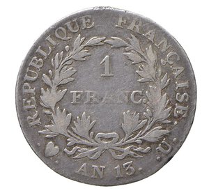 reverse:  NAPOLEONE I  (1804-1814)  1 Franco An 13 (1804-1805)  U, Torino   Pagani 38   Mont. 43   Gig. 38   Ag   g 5 circa   23 mm circa   RRR   • Sigillata BB da perito, a nostro avviso   MB/q.BB  