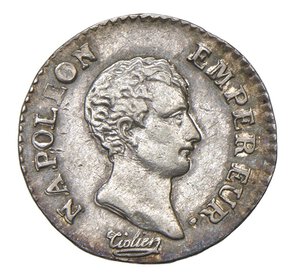 obverse:  NAPOLEONE I  (1804-1814)  Quarto di Franco An 13 (1804-1805)  U, Torino   Pagani 60   Mont. 66   Gig. 63   Ag   1,23 g   15,2 mm   RR   • Ex Maison Palombo 6/222   SPL  