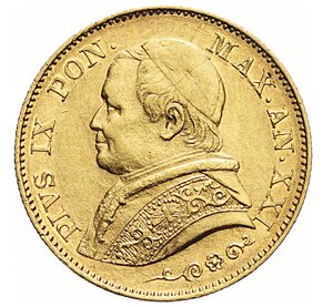 obverse: PIO IX  (1846-1878)  20 Lire 1866 A. XXI R, Roma   Varesi 173   Pagani 529   Au   6,45 g   21,6 mm   SPL  