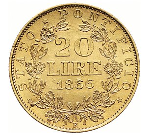 reverse: PIO IX  (1846-1878)  20 Lire 1866 A. XXI R, Roma   Varesi 173   Pagani 529   Au   6,45 g   21,6 mm   SPL  