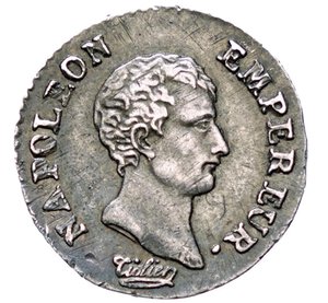 obverse: NAPOLEONE I  (1804-1814)  Quarto di Franco An. 13 (1804-1805), Torino   Pagani 60   Gad. 346   Ag   1,24 g   14,8 mm   RR   • Gradevole patina   BB÷SPL  