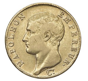 obverse: NAPOLEONE I  (1804-1814)  40 Franchi An. 14 (1805)  U, Torino   Pagani 11   Mont. 16   Gig. 4   Au   12,84 g   26 mm   RRRR   • Ex Negrini 43/1734; solamente 1.199 esemplari coniati. Tutti gli esemplari ad oggi apparsi sul mercato presentano la correzione dell ultima cifra della data su millesimo precedente (An 13) per altro mai ufficialmente coniato.   BB  