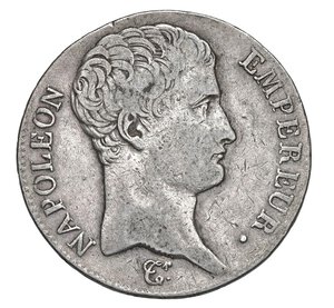 obverse:  NAPOLEONE I  (1804-1814)  5 Franchi An 14 (1805)  U, Torino   Pagani 25   Mont. 31   Gig. 24   Ag   24,83 g   37,7 mm   RR   MB÷BB  