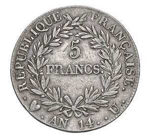 reverse:  NAPOLEONE I  (1804-1814)  5 Franchi An 14 (1805)  U, Torino   Pagani 25   Mont. 31   Gig. 24   Ag   24,83 g   37,7 mm   RR   MB÷BB  