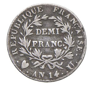 reverse:  NAPOLEONE I  (1804-1814)  Mezzo Franco An 14 (1805)  U, Torino   Pagani 54   Mont. 59   Gig. 57   Ag   2,40 g   18,2 mm   RRR   • Ex Artemide L/862   q.BB  