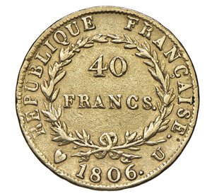 reverse:  NAPOLEONE I  (1804-1814)  40 Franchi 1806  U, Torino   Pagani 12   Mont. 17   Gig. 5   Au   12,83 g   26 mm   R   MB/q.BB  