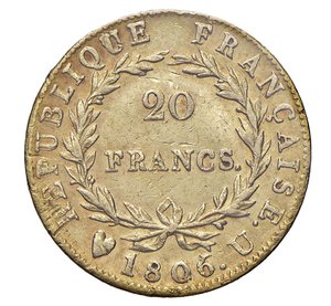 reverse:  NAPOLEONE I  (1804-1814)  20 Franchi 1806  U, Torino   Pagani 17   Mont. 22   Gig. 11   Au   6,40 g   21 mm   R   BB+  