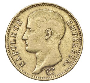 obverse:  NAPOLEONE I  (1804-1814)  40 Franchi 1807  U, Torino   Pagani 13   Mont. 18   Gig. 7   Au   12,86 g   26,1 mm   RRRR   • Ex Nomisma 61/1116; colpetto al bordo. Tiratura ufficiale di soli 619 esemplari !   MB/q.BB  