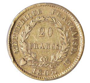 reverse:  NAPOLEONE I  (1804-1814)  20 Franchi 1807  U, Torino   Pagani 18   Mont. 23   Gig. 12   Au   6,45 g circa   21 mm circa   RRR   • In slab PCGS VF25; In slab PCGS VF25 assai riduttivo per la reale conservazione della moneta che giudichiamo   MB  