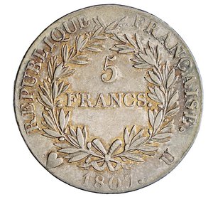 reverse: NAPOLEONE I  (1804-1814)  5 Franchi 1807, Torino   Pagani 28   Gad. 581   Ag   24,95 g   37,2 mm   RR   • Patina iridescente   BB  