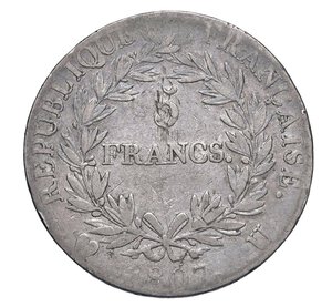 reverse:  NAPOLEONE I  (1804-1814)  5 Franchi 1807  U, Torino   Pagani 28   Mont. 33   Gig. 25   Ag   24,80 g   37,3 mm   RR   • Ex Varesi 56/332   MB  